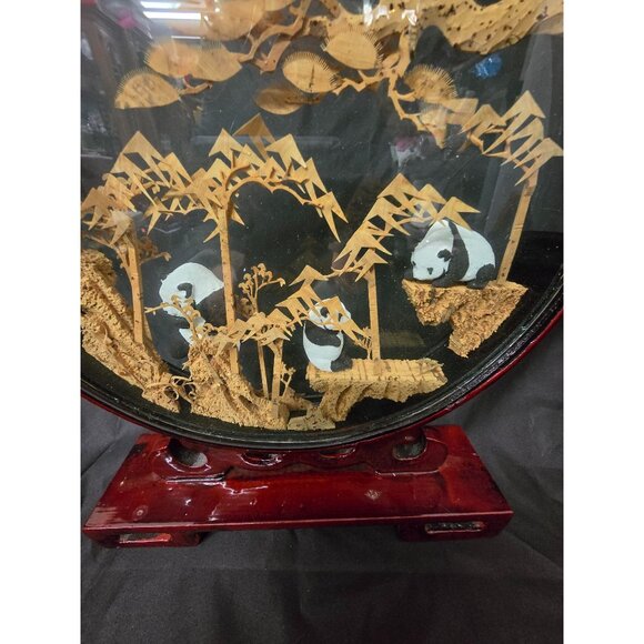 Vintage Chinese Panda Bamboo Diorama In Glass Case With Wooden Stand - Picture 3 of 8